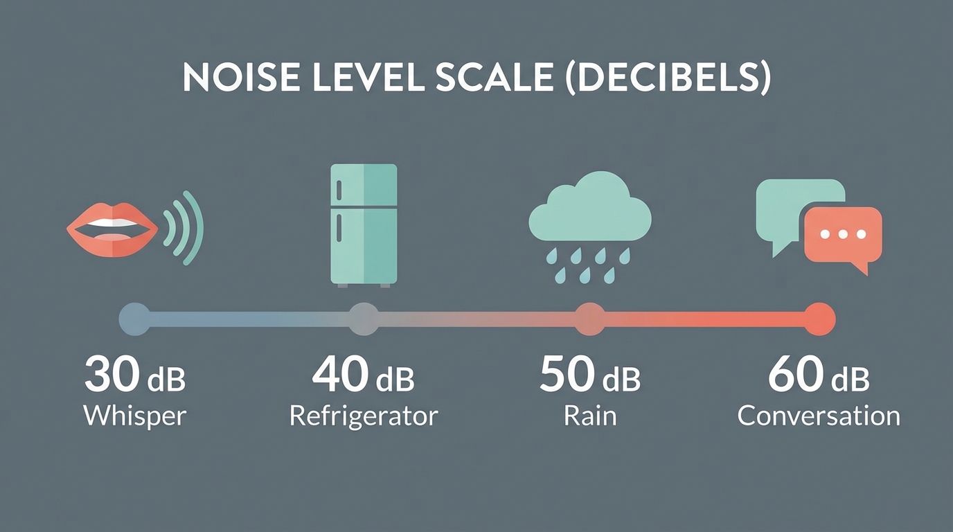 Visual decibel scale showing noise levels from whisper to conversation. Visual decibel scale showing noise levels from whisper to conversation.