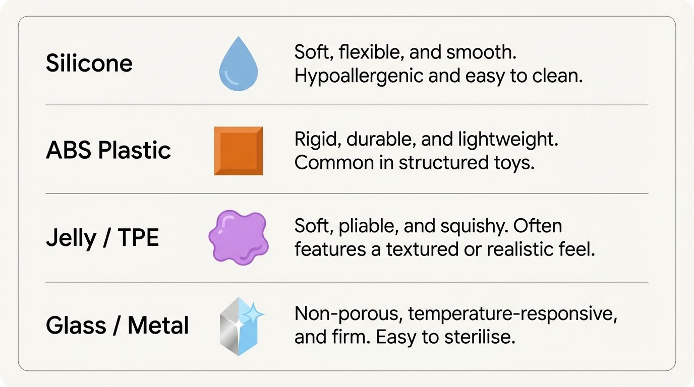 Infographic table comparing pros and cons of silicone, ABS plastic, jelly, and glass materials. Infographic table comparing pros and cons of silicone, ABS plastic, jelly, and glass materials.